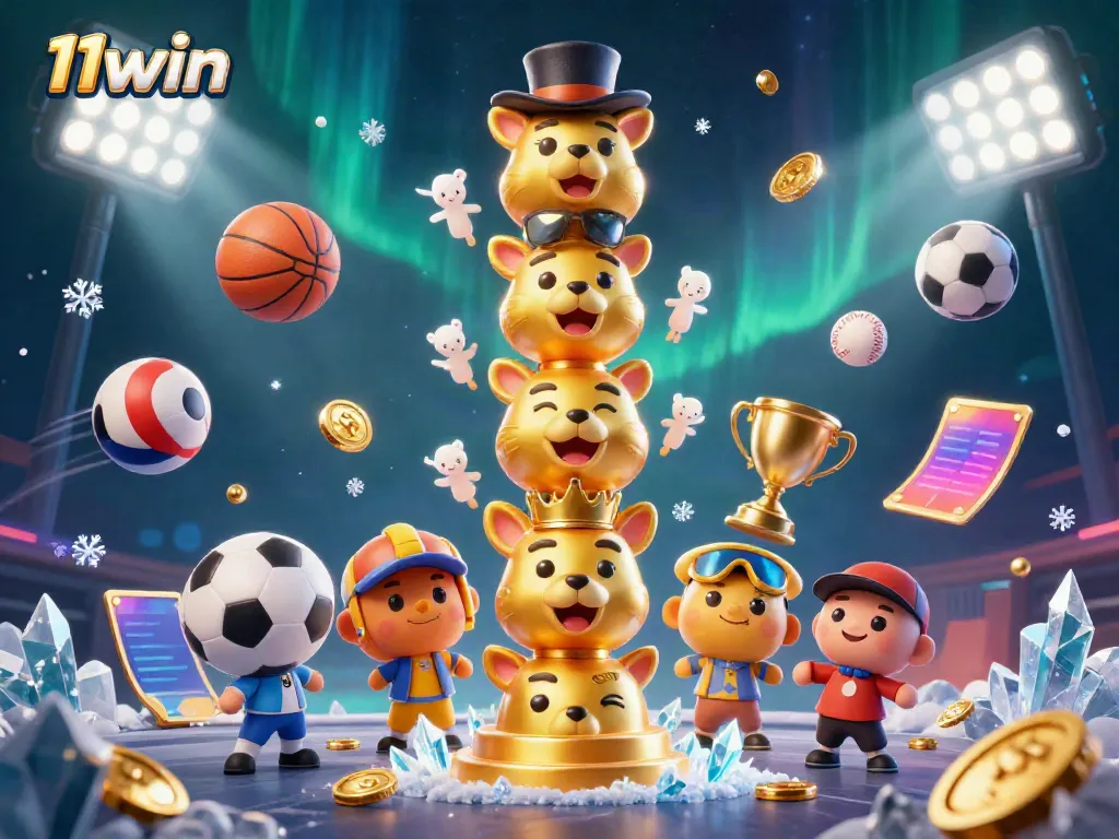 11win features a vibrant 3D scene with a golden totem pole and dynamic sports elements, showcasing an exciting casino atmosphere.