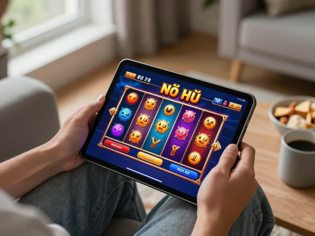 Nổ Hũ gameplay displayed on tablet during an exciting home gaming session.