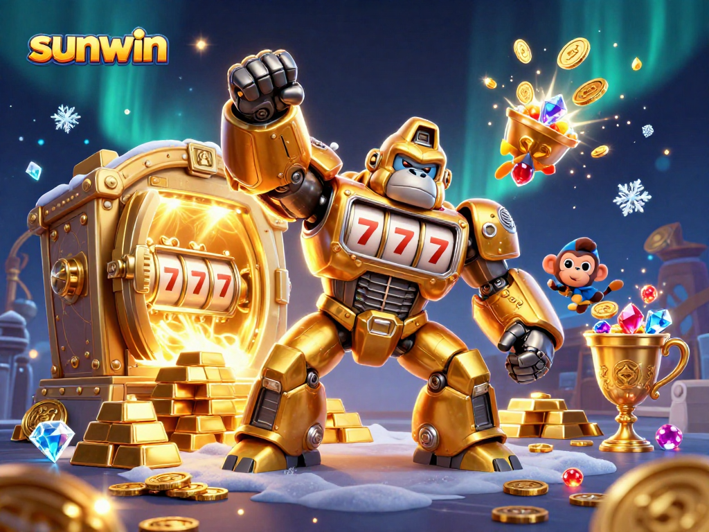 Experience thrilling wins with sunwin's golden gorilla mech amid treasures in a captivating 3D casino scene.