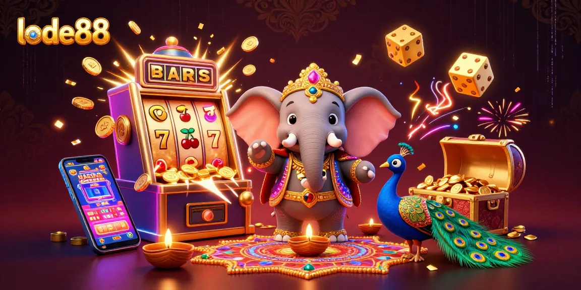 Engage with exciting lode88 slot games featuring a Diwali-themed elephant and diverse casino elements.