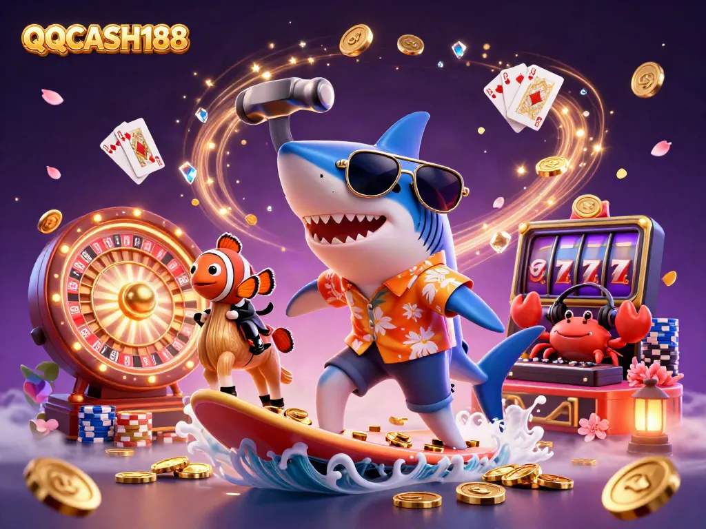 Experience thrilling gaming with QQCASH188, featuring vibrant characters and dynamic casino elements in action.