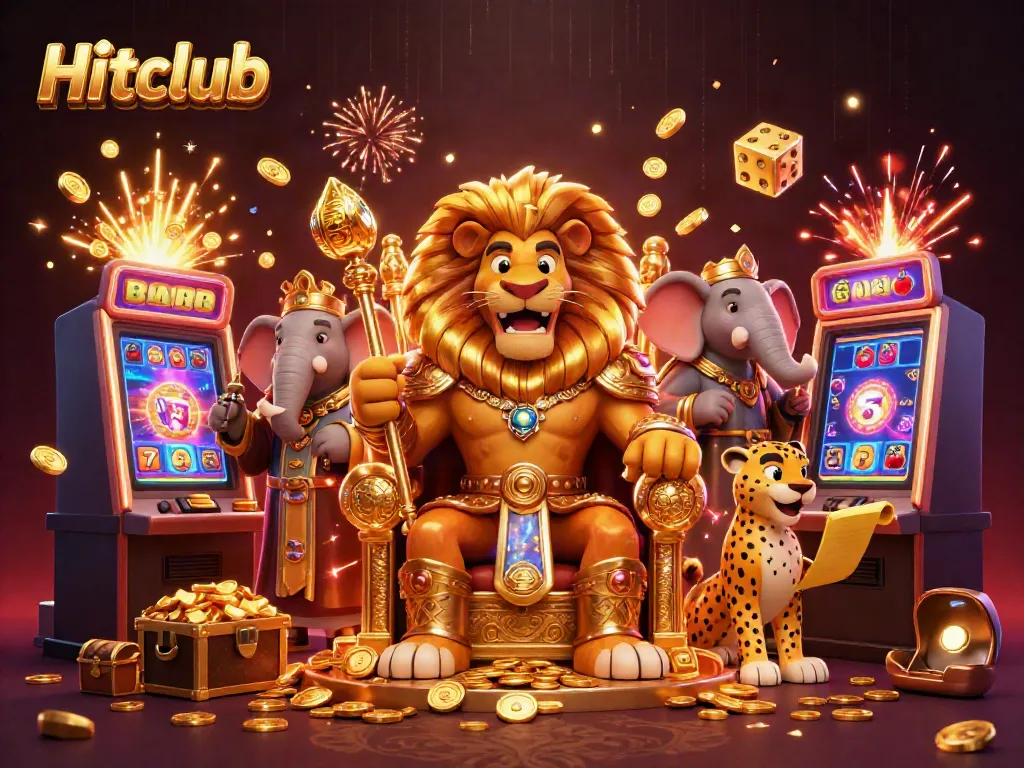 Experience the thrill of Hitclub with vibrant casino elements and characters in a dynamic 3D illustration.