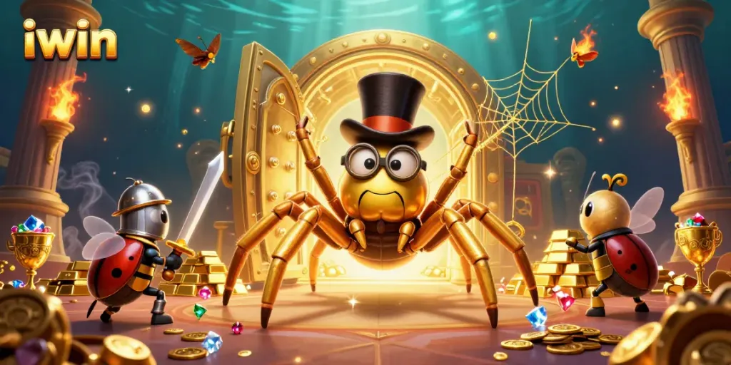 Enter the thrilling world of iwin with a daring beetle knight facing a golden tarantula in a vibrant casino!