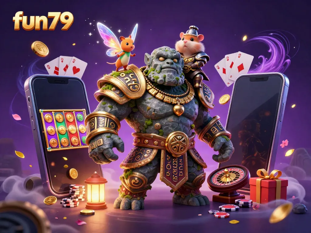 Experience exciting games with fun79 as a mystical golem guardian and fairy companion light up the casino world.