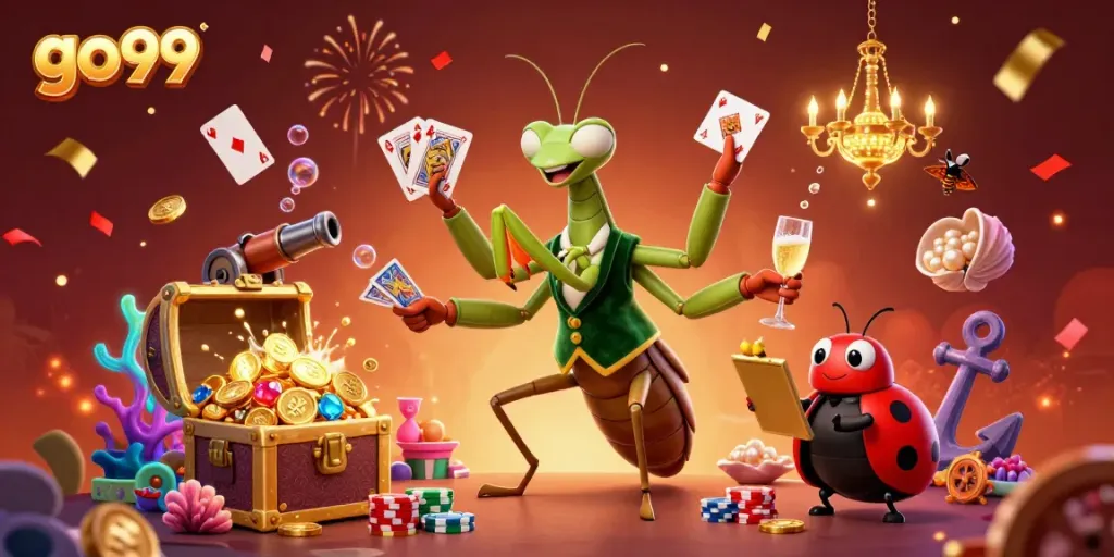 Experience the vibrant world of gambling at go99 with a lively casino scene featuring cartoon characters and treasures.
