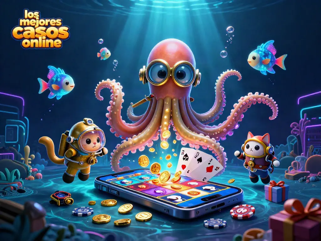 Ilustra cómo jugar en los mejores casinos online con un kraken y un gato buceador entre tesoros de oro.
