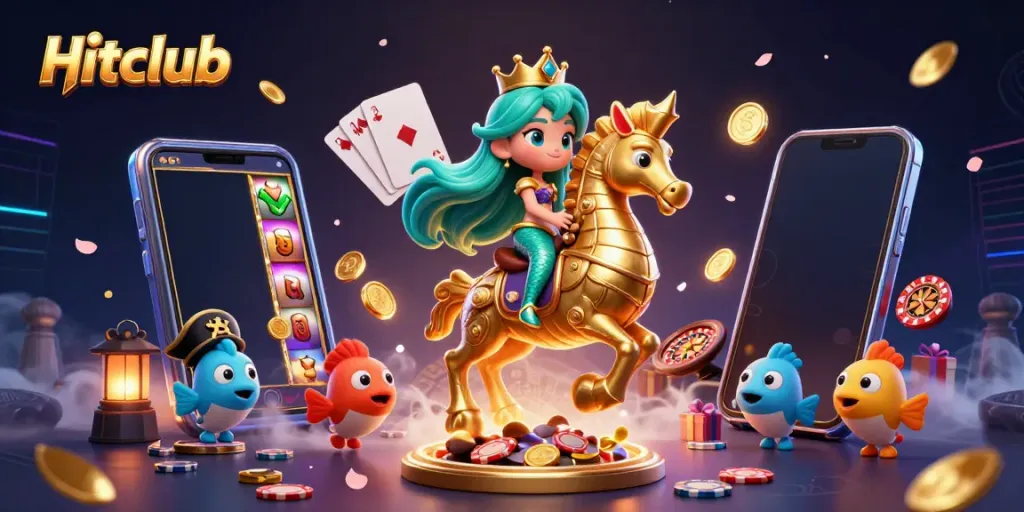 Engage with Hitclub through exciting gaming adventures featuring a vibrant mermaid and casino elements.