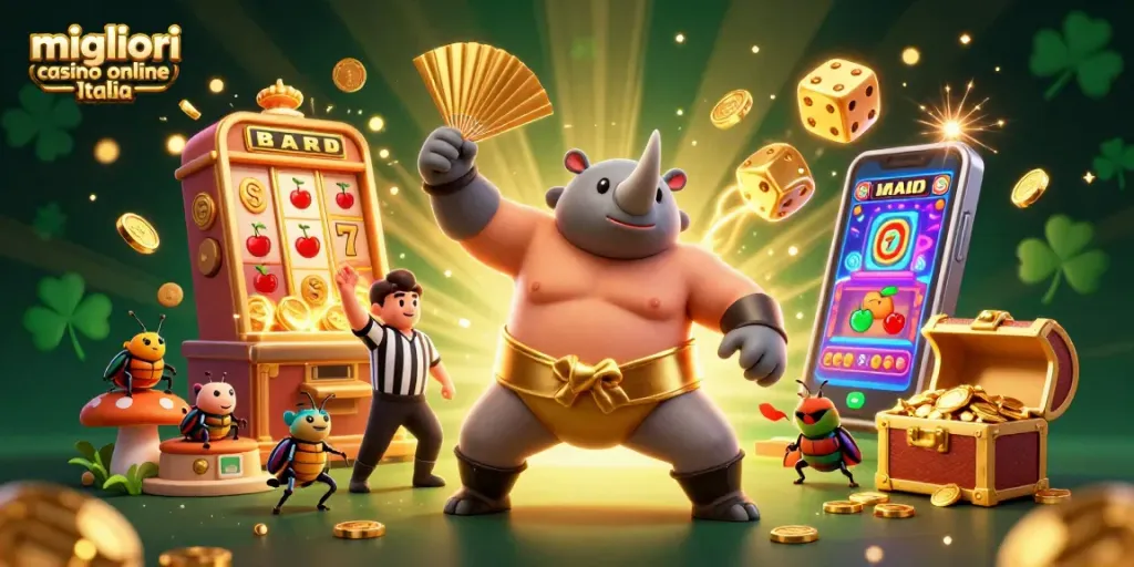 Illustrazione 3D dei migliori casino online in Italia con un rinoceronte samurai e slot machine esplosiva in azione.