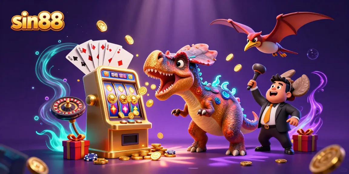 sin88 showcases a vibrant casino scene with a dinosaur winning jackpots and coins flying.