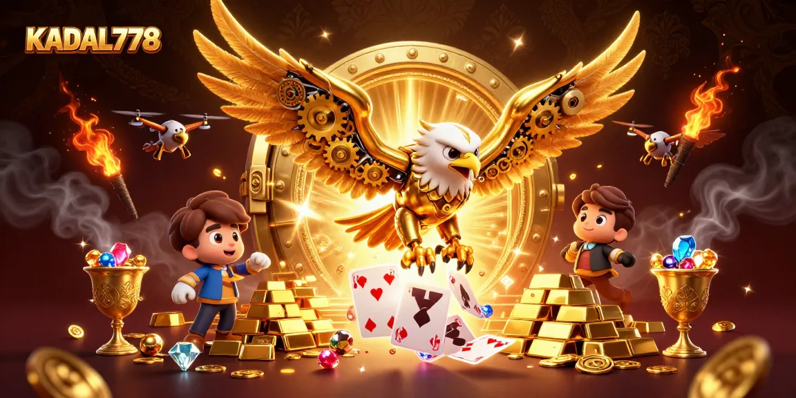KADAL778 offers exhilarating gaming action with a dynamic scene of a golden eagle amidst treasure and playing cards