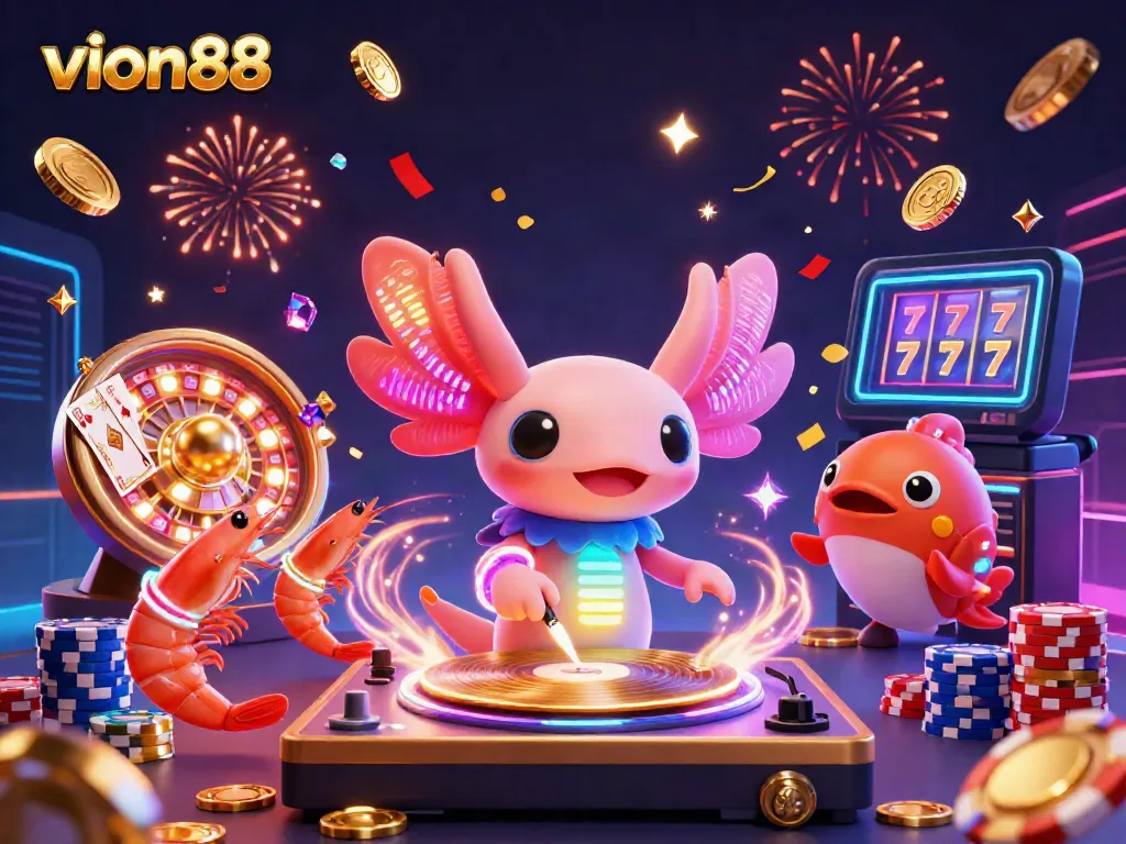 Engage with the vibrant world of vion88, featuring a DJ axolotl and festive underwater casino elements.