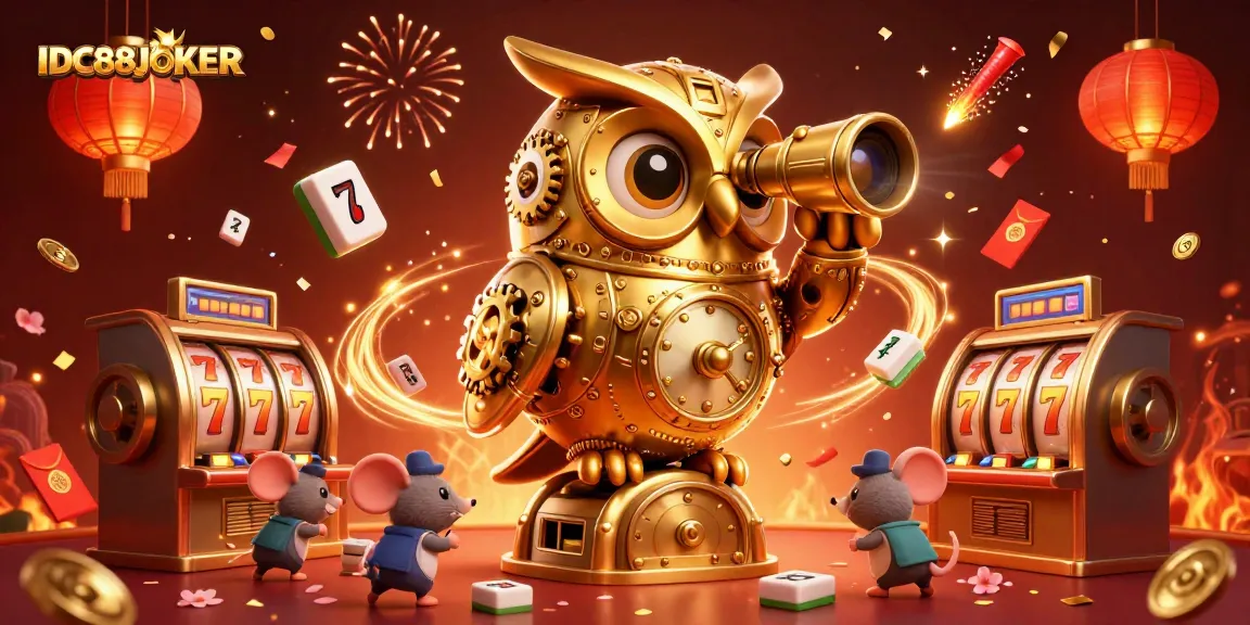 Win big with IDC88JOKER at the casino, featuring a whimsical owl and lively scene.