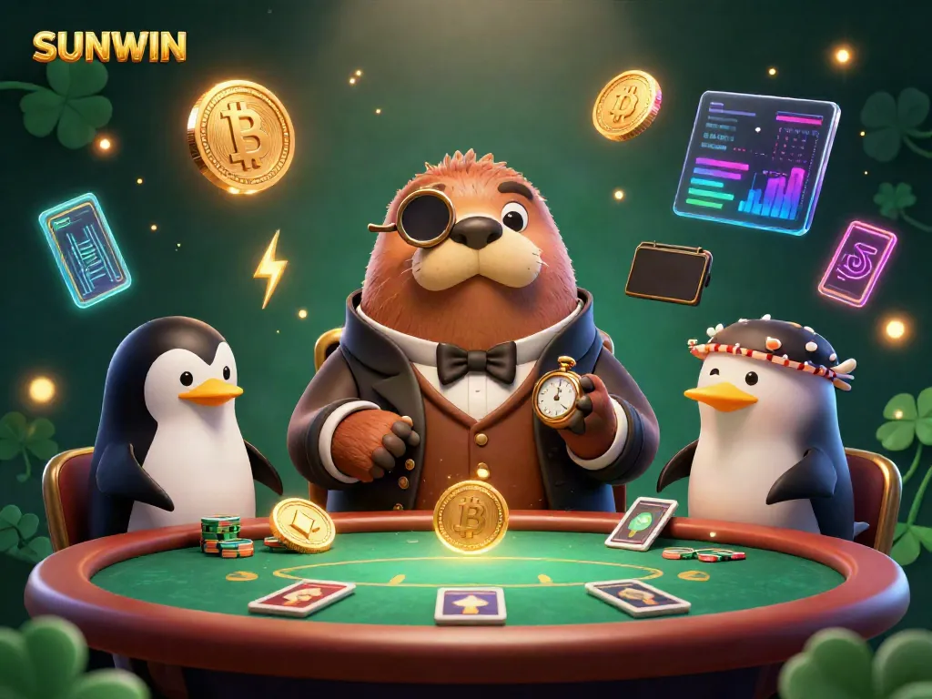 Experience thrilling poker action at SUNWIN with a whimsical underwater scene featuring a walrus, penguin dealer, and bluffing pufferfish.