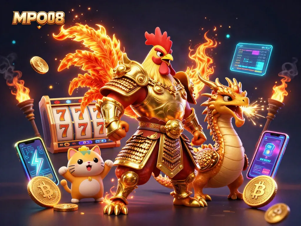 MPO08 showcases a fighting rooster warrior and dragon hatchling among slot reels and crypto coins.