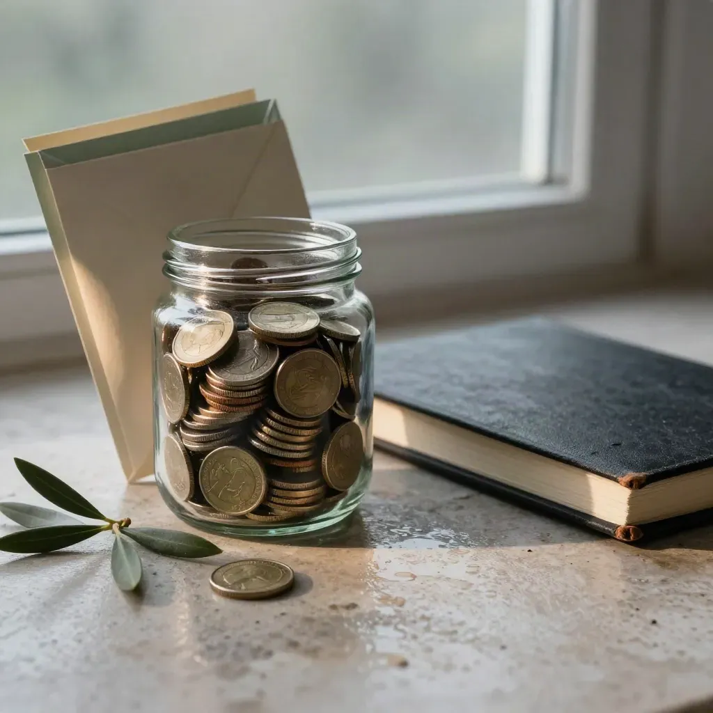 Savings jar, stacked coins, budget envelopes, notebook, and olive sprig in warm morning light.