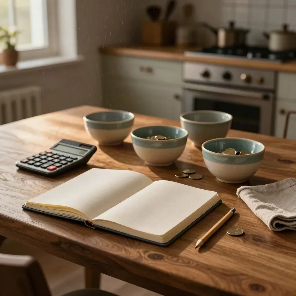 Budgeting tools on a dining table: notebook, calculator and coin bowls in warm window light.