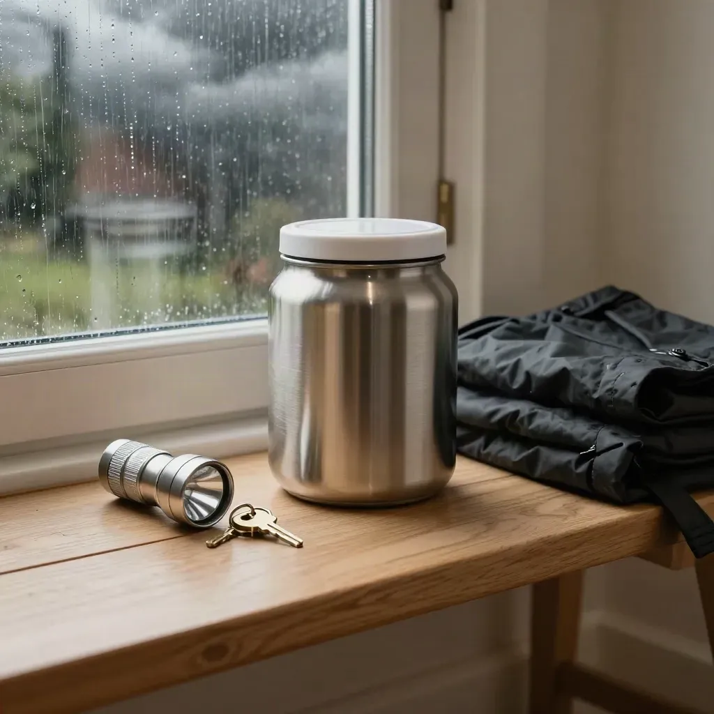 Emergency cash jar, flashlight, keys, and rain jacket on a hallway bench as storms gather.