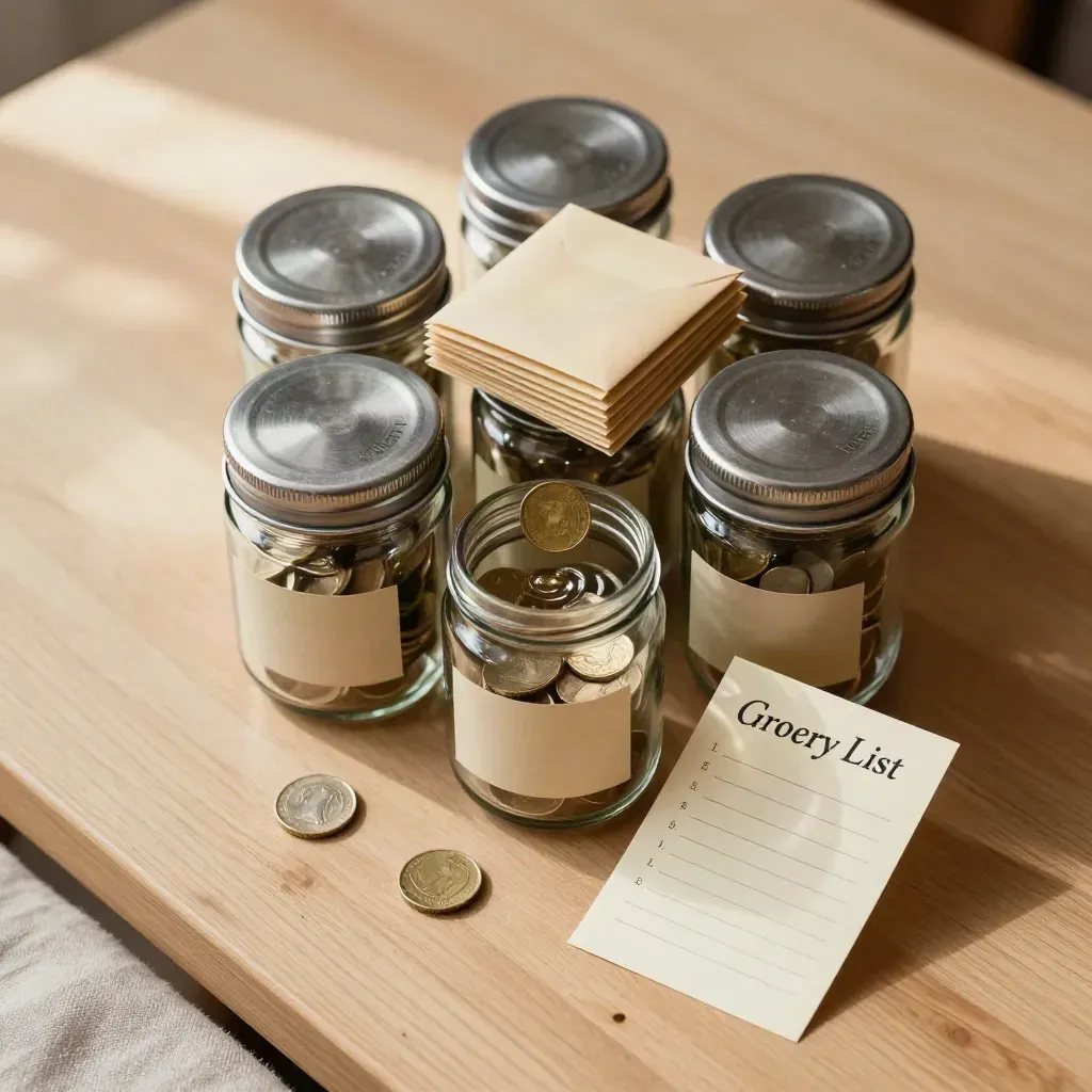 Savings jars and sealed envelopes on pale wood as a coin drops into a jar in soft daylight.