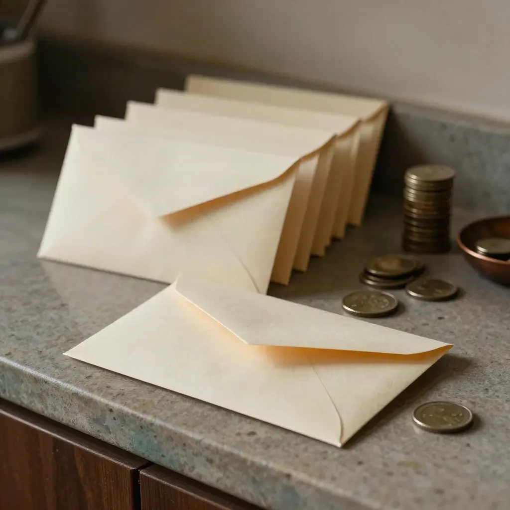 Cream envelopes and coins on a stone counter, lit by a moody beam with one heavier stack behind.