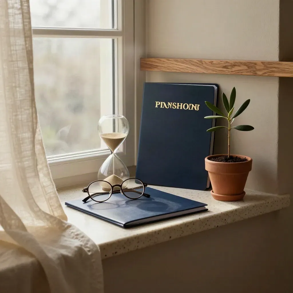 Hourglass, glasses, navy folder, and olive sapling on a travertine window ledge in soft morning light.