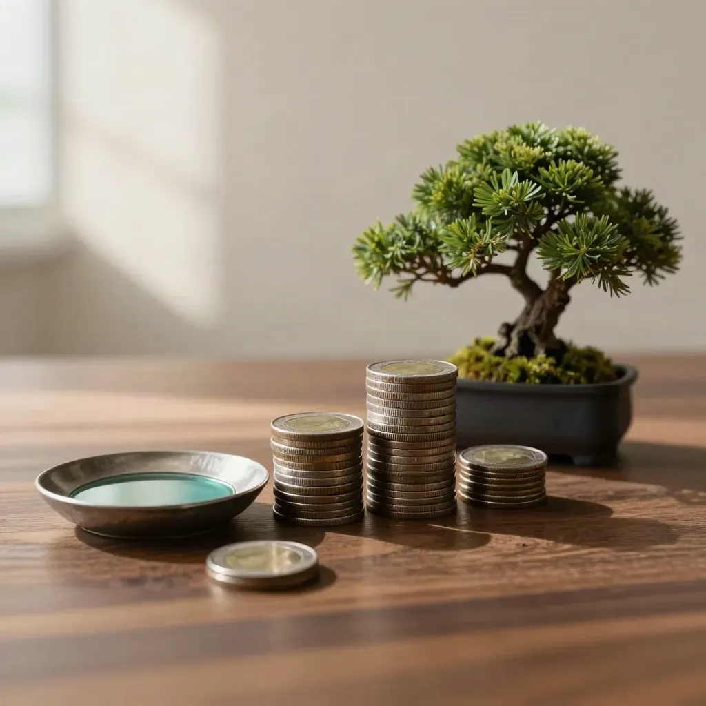 Coin stacks, tiny bonsai, and metal dish on warm walnut in soft window light.