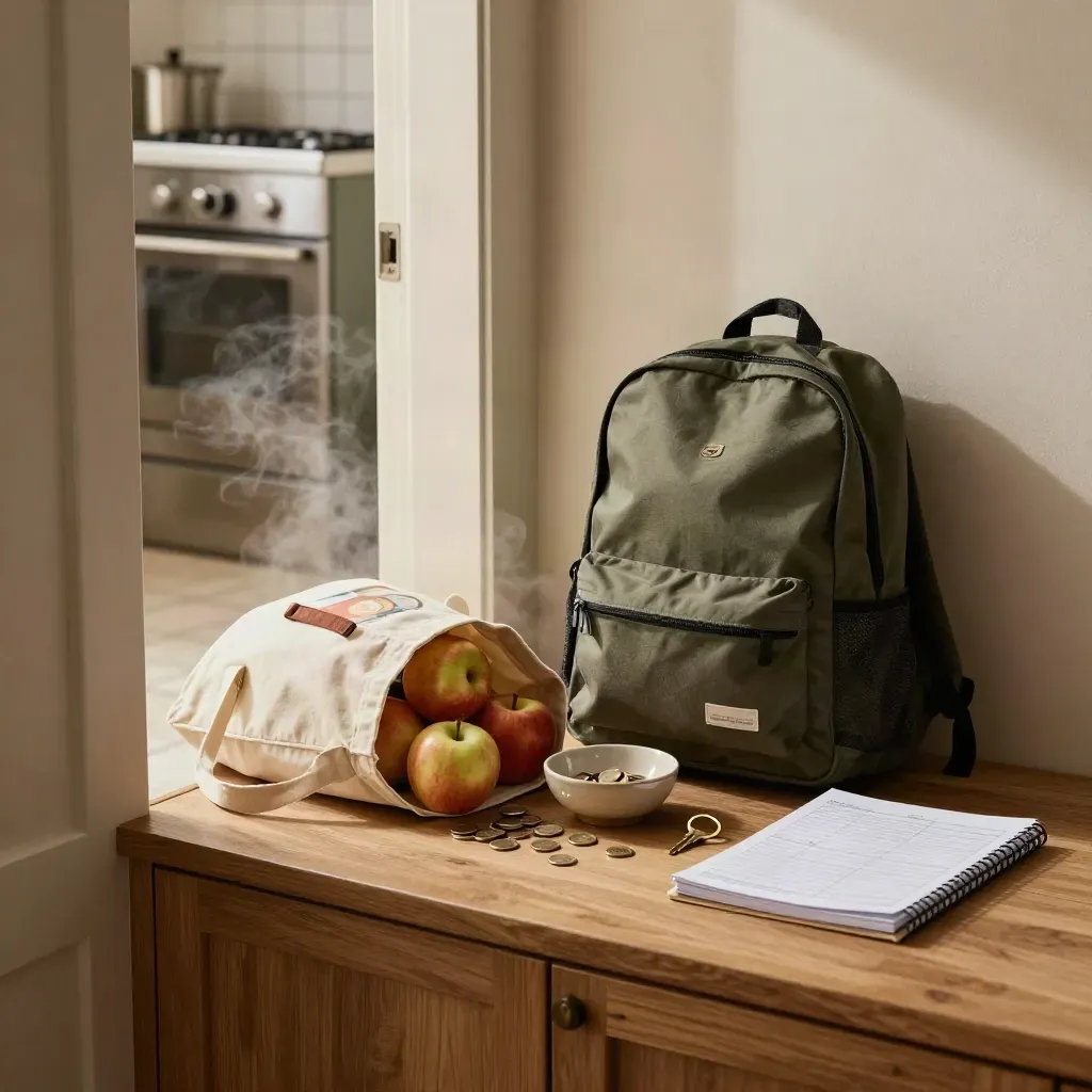 Lunchbox, backpack, grocery tote and coins by a kitchen door in soft steam