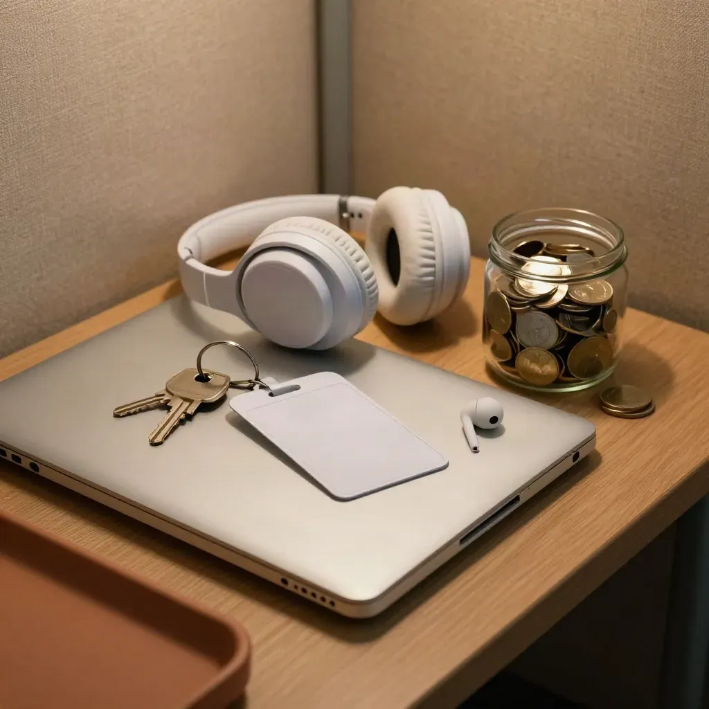 Dorm desk kit with closed laptop, keys, headphones, coin jar and transit pass holder.