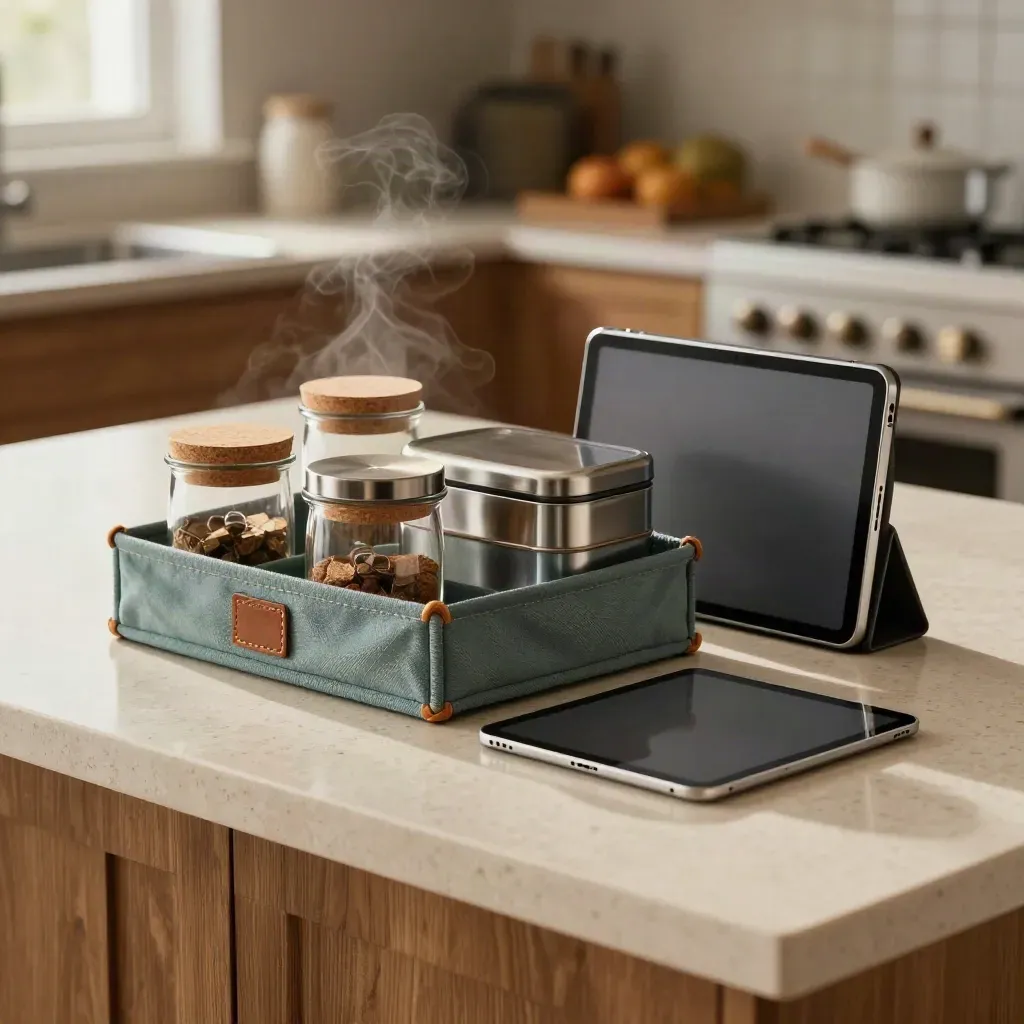 Budget caddy with coin jars, lunchbox, and face-down tablet on a travertine kitchen island.