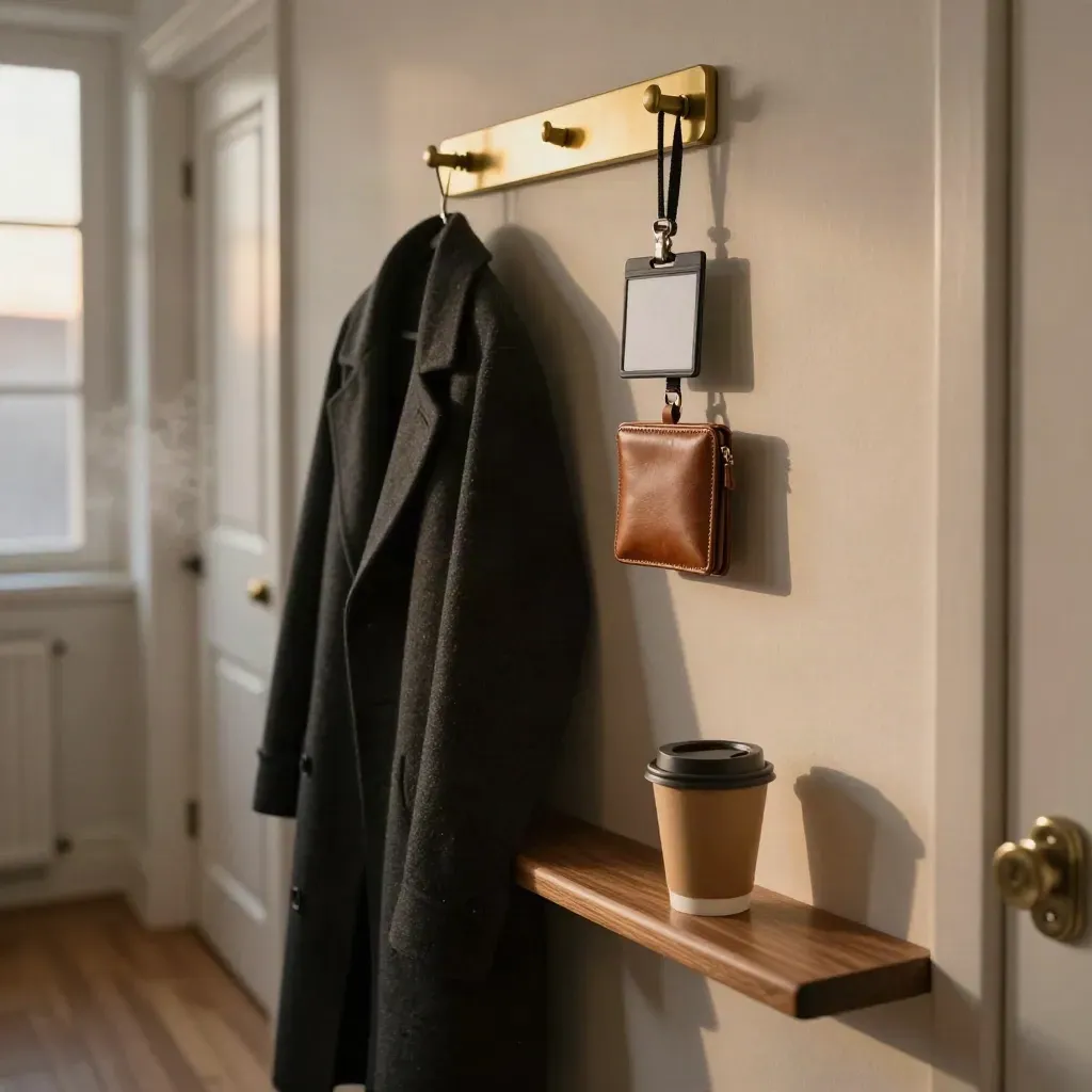 Hallway shelf with badge holder, coat, wallet and coffee cup ready for a first shift.