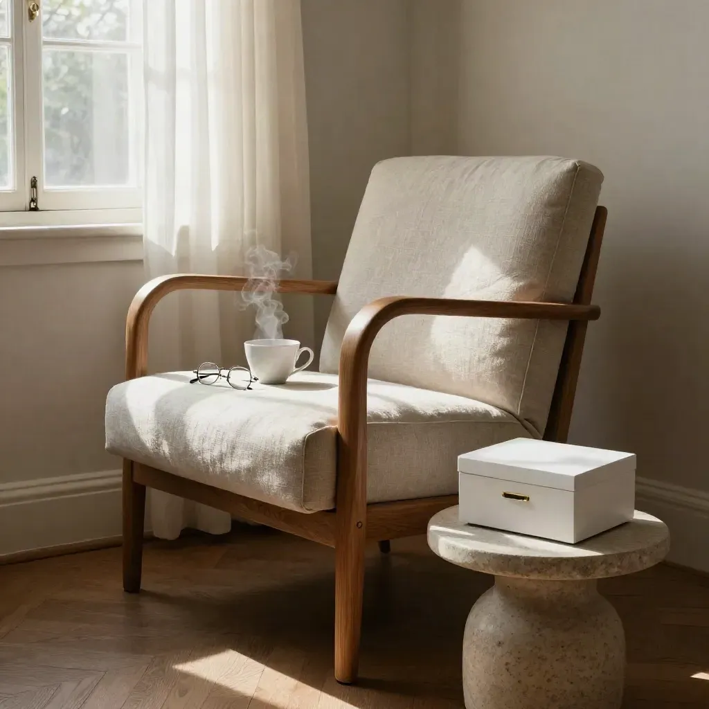 Armchair by sunlit window with tea cup, glasses, and white savings box on a side table.