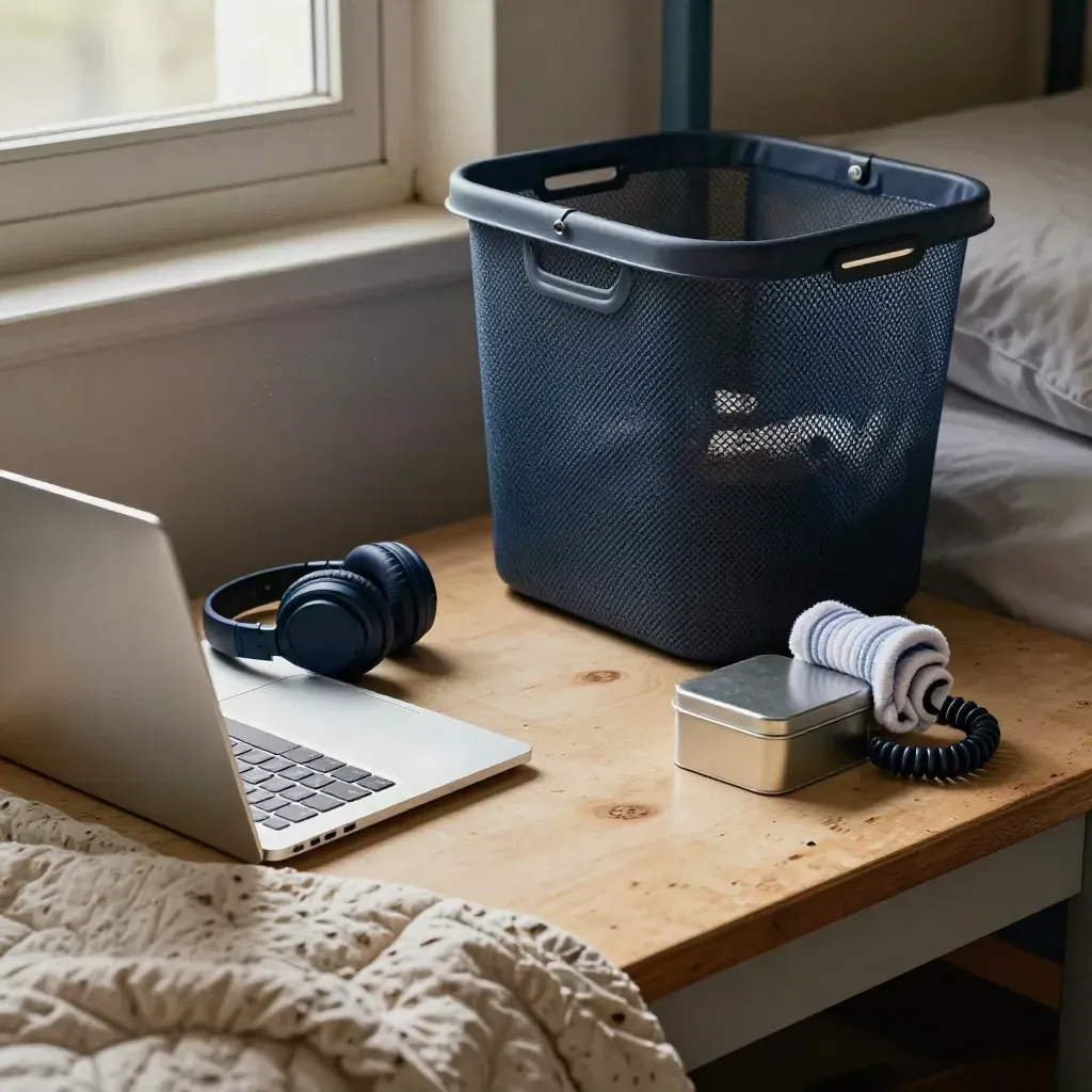 Cramped dorm workspace with laptop, navy headphone case, laundry basket, and pantry tin