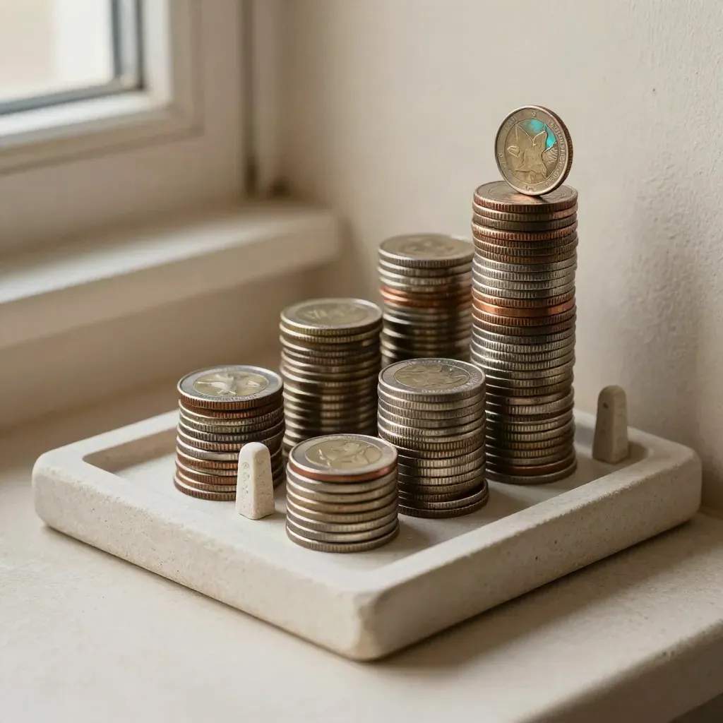 Top-down coin stacks and stone markers on a plaster tray, one coin still settling in soft daylight.