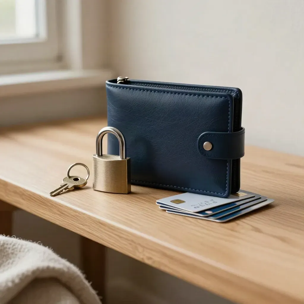 Wallet, padlock, key ring and hidden cards on a sunlit bench