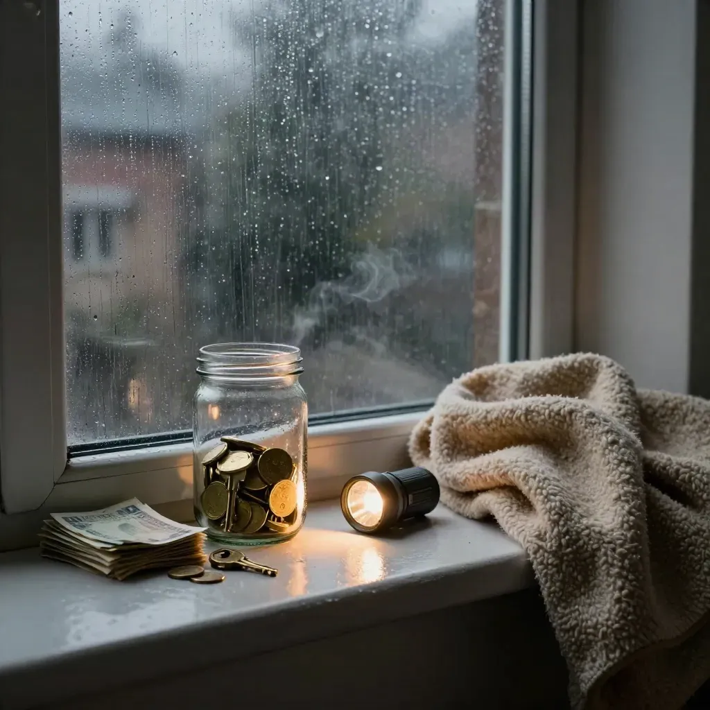 Rainy windowsill with a jar, spare keys, flashlight, and folded blanket in warm evening light.