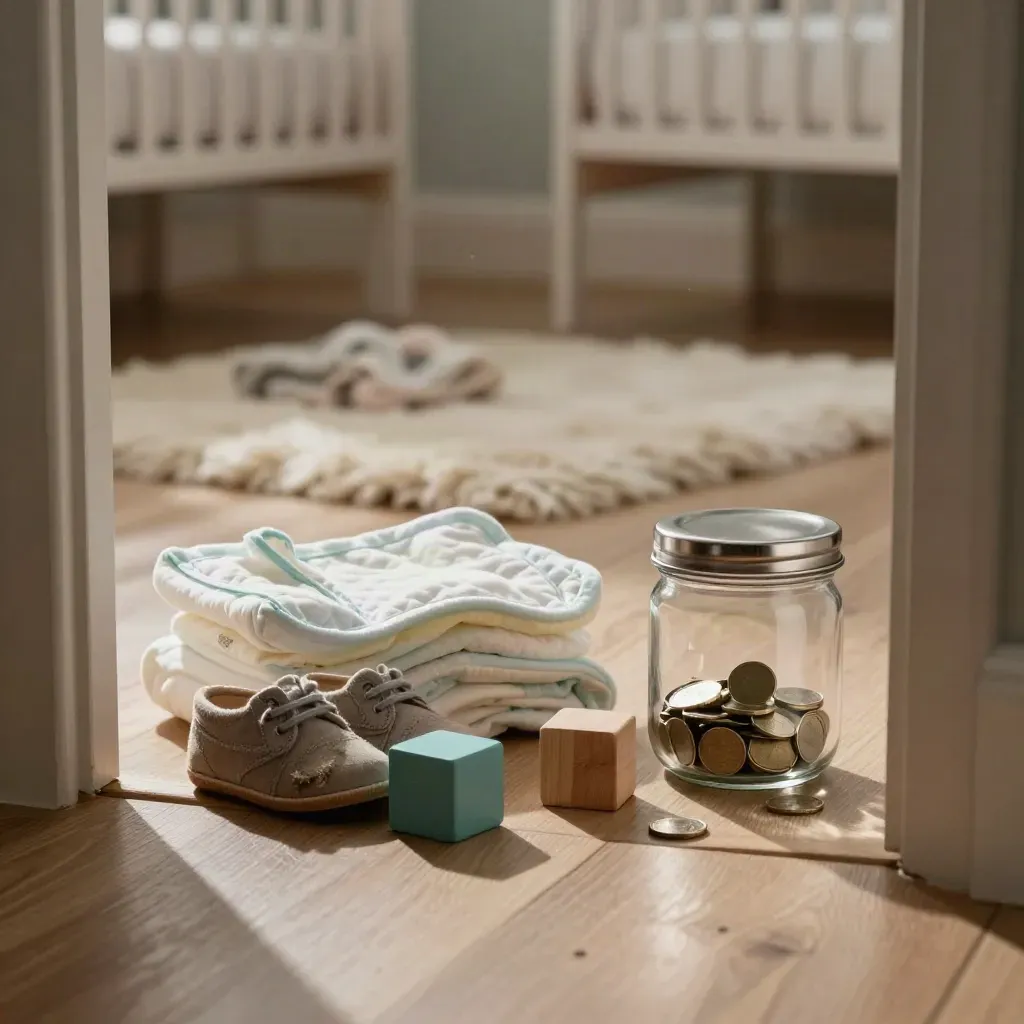 Nursery floor essentials with diapers, tiny shoes, blocks and a savings jar in morning light