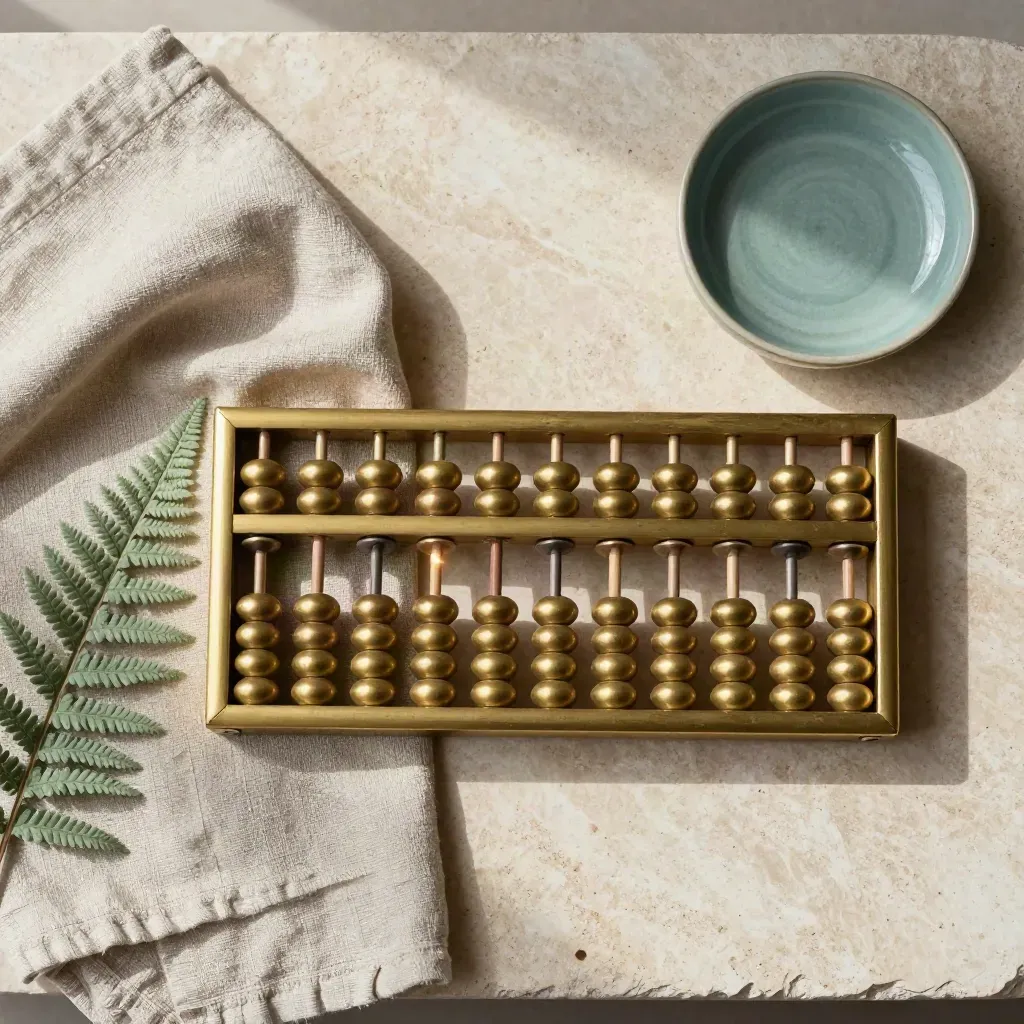 Brass abacus with linen, fern and teal dish on pale stone