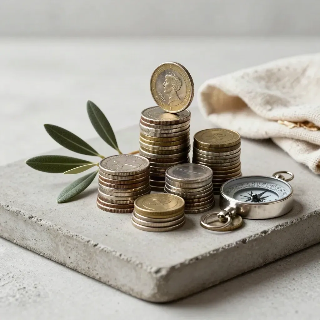 Coins stacked on a stone tray with olive sprig and metal compass stone