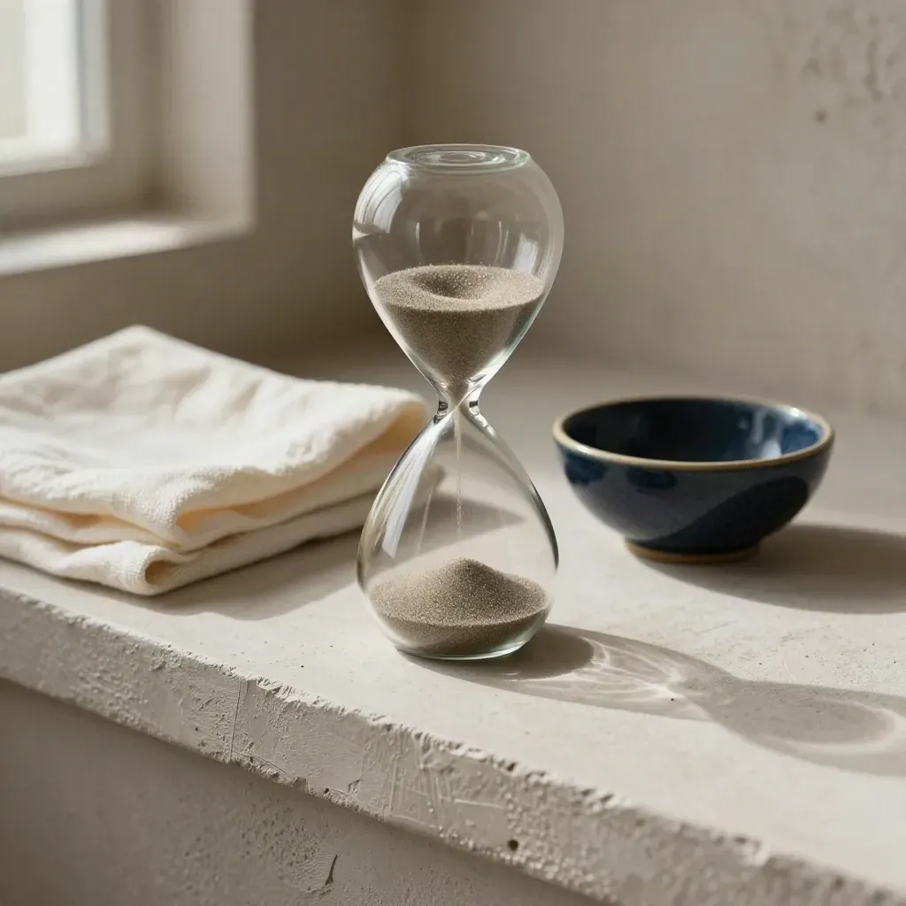 Glass hourglass on a plaster ledge with cream cloth and navy ceramic bowl in soft light