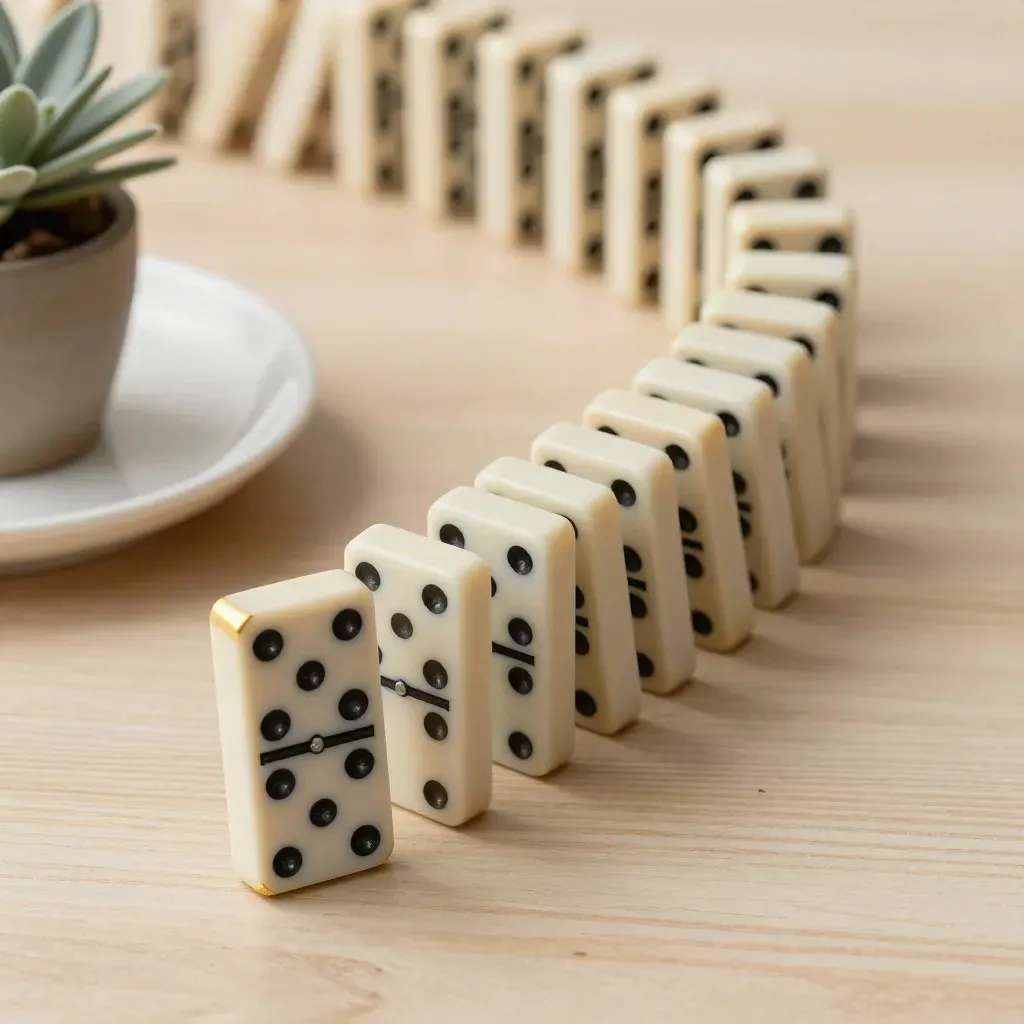 Curving domino tiles on pale wood beside a ceramic dish and tiny plant, one tile still upright.