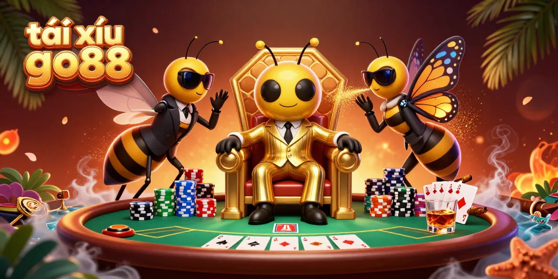 Tài xỉu go88 showcases a vibrant 3D casino illustration featuring intricate gambling elements and animated characters.