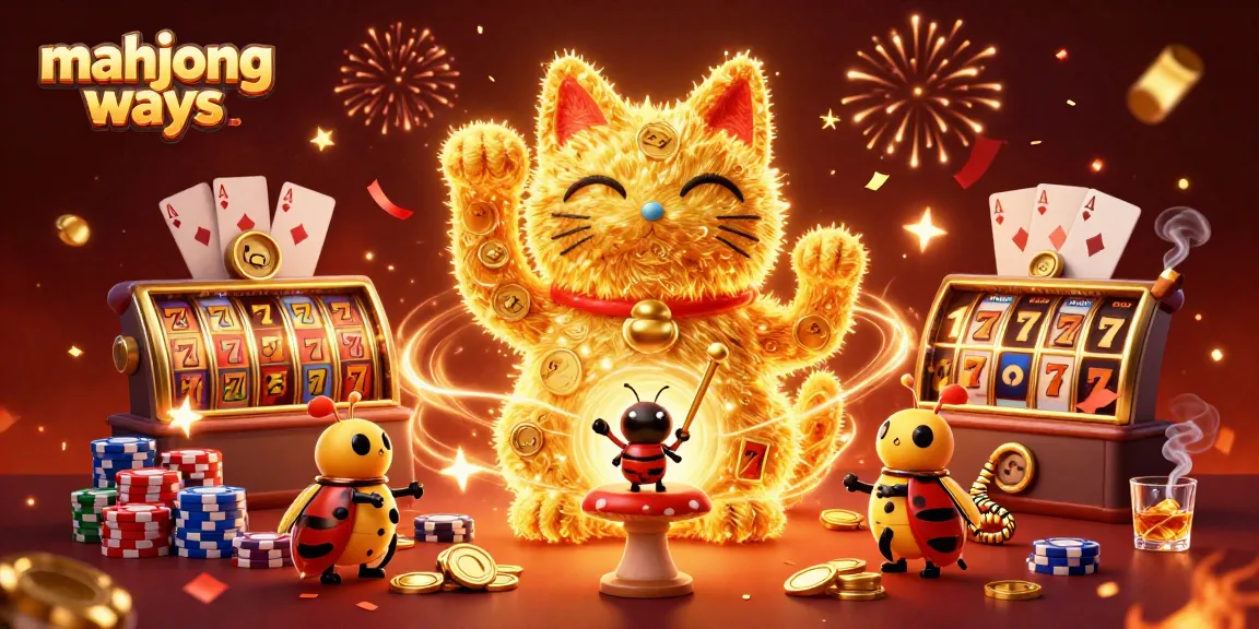 Experience the thrilling world of mahjong ways with a vibrant illustration featuring golden fireflies, slot reels, and casino symbols.