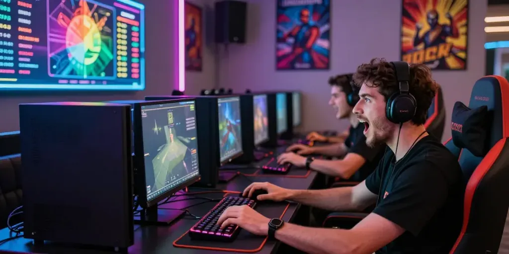 Men immersed in a thrilling gaming experience at Manclub gaming lounge