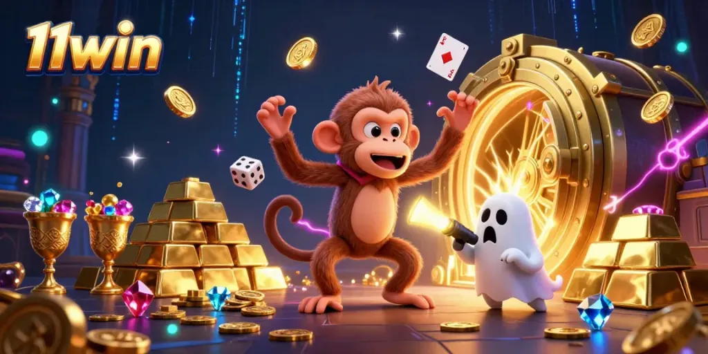 Engage with the dynamic world of 11win featuring a playful poltergeist monkey and a curious puppy in a vibrant haunted casino.