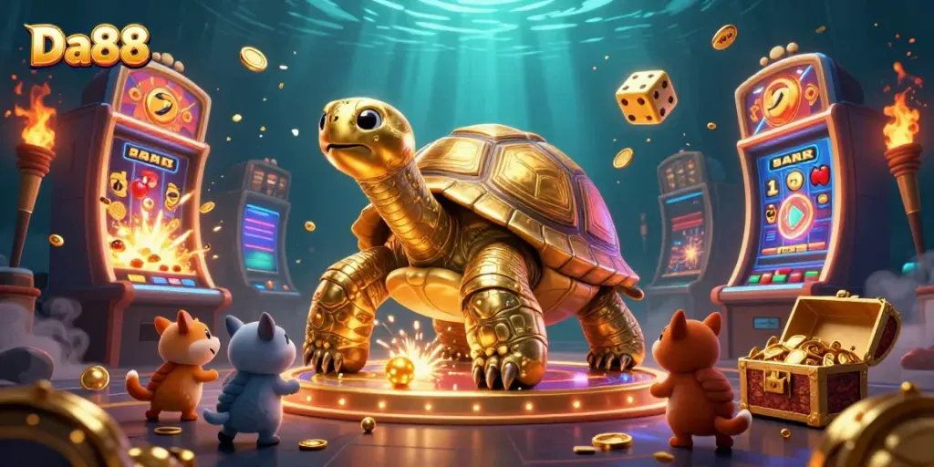 Experience the excitement at Da88 with a vibrant scene featuring a cartoon tortoise pinball machine and jackpot games.