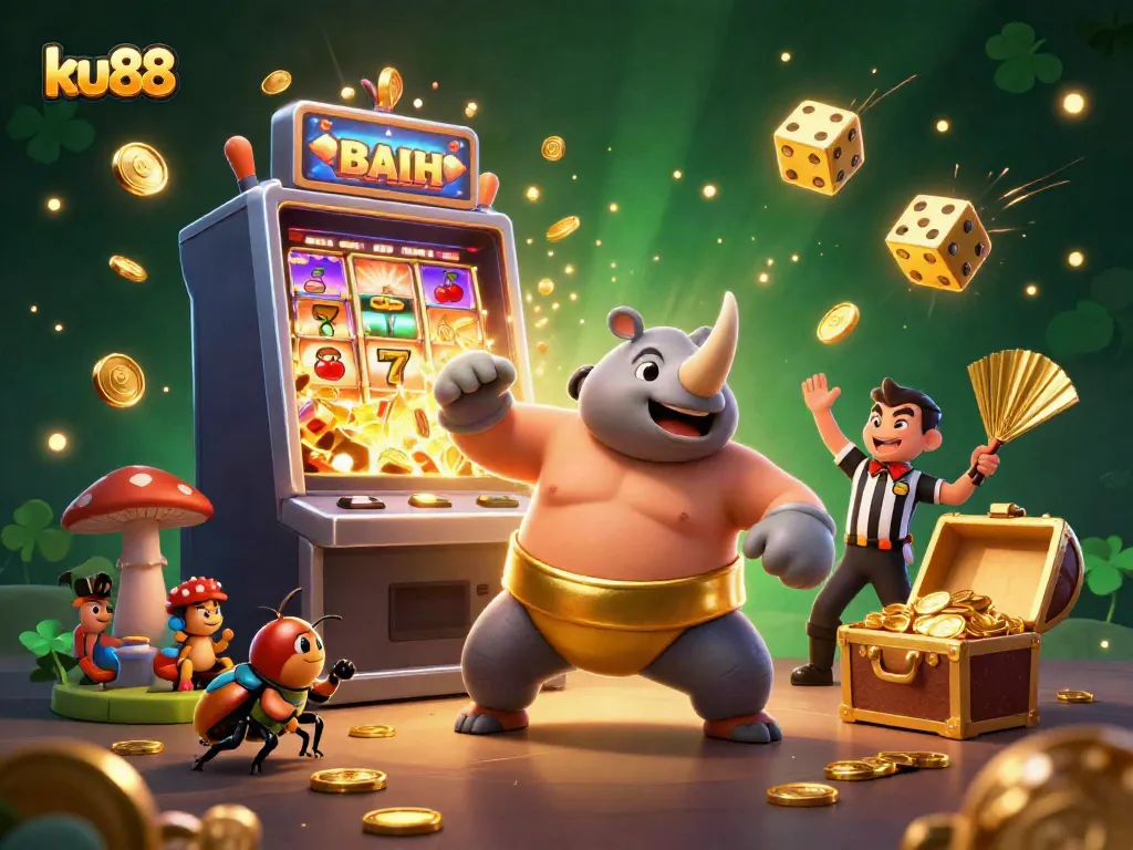 ku88's lively casino scene features a rhinoceros beetle champion among a jackpot explosion of coins and casino games.