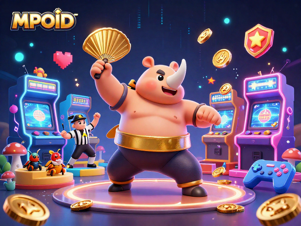 Experience excitement with MPOID's dynamic beetle champion illustration amidst a colorful gaming scene.