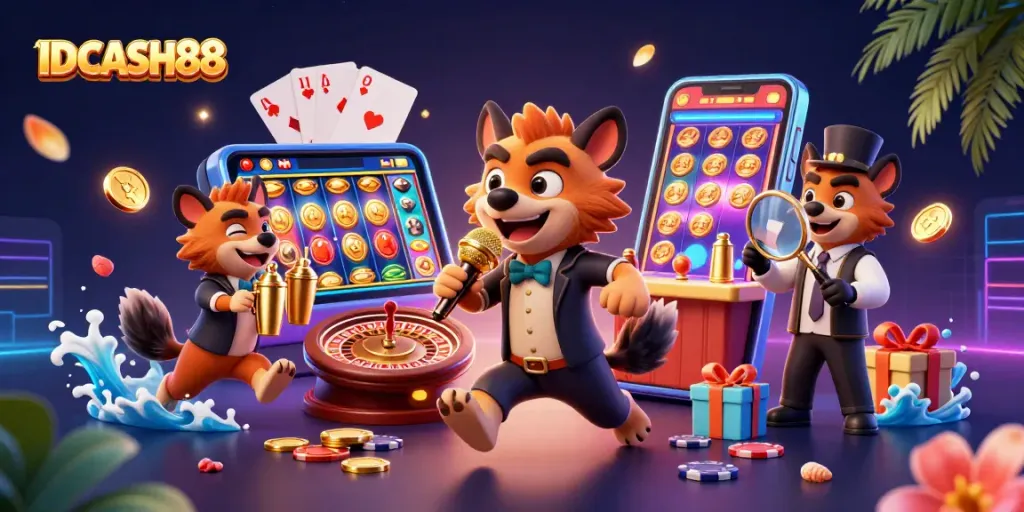Entertain at IDCASH88 with lively hyena characters in a vibrant casino scene.