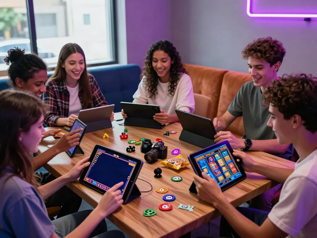 Group of friends enjoying slot games at DA88 in a vibrant lounge atmosphere.