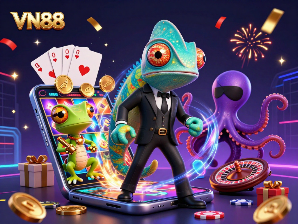Witness the exciting VN88 gaming scene featuring thrilling characters, slot games, and casino elements.