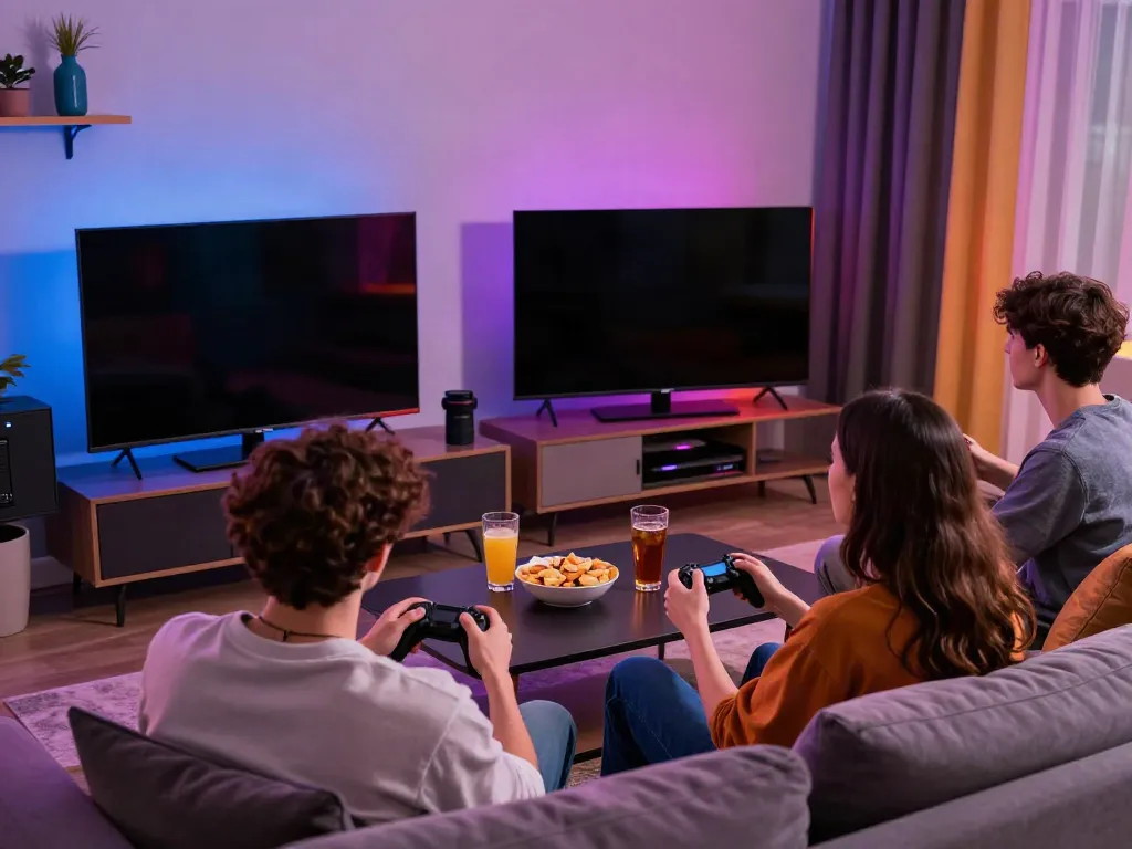 Engaged gamers enjoying casino games at https://five88bet.org/ in a vibrant home setting.